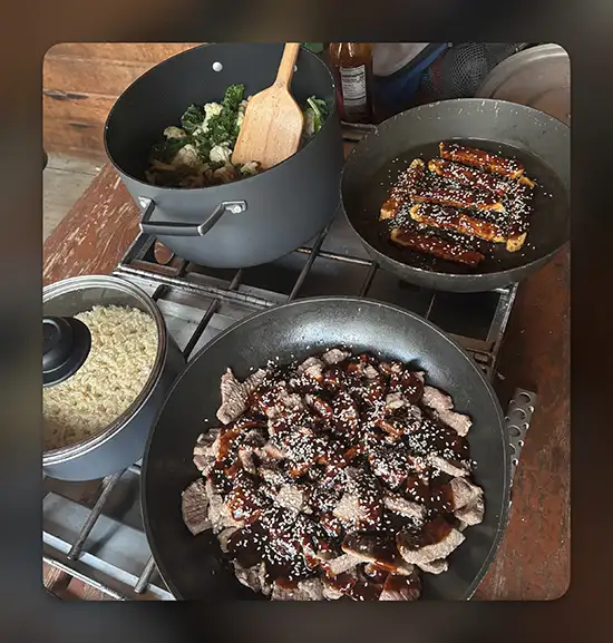 Dinner is Chicken Stir fry, Alaska bear tour.