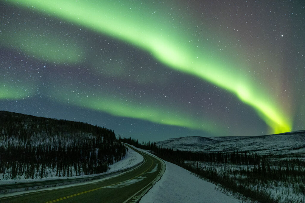 A guest photo from the Expeditions Alaska Aurora Borealis photo Tour in March. Aurora borealis over the Steese Highway.